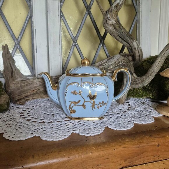 SADLER 30s Vintage Blue Cube Teapot with 24KT Gold Birds - Picture 3 of 15